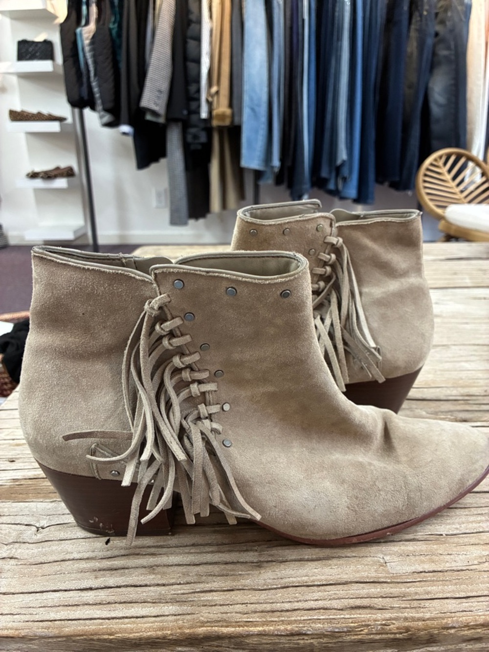 Sam Edelman Taupe Suede Fringe Ankle Boots-size 11m